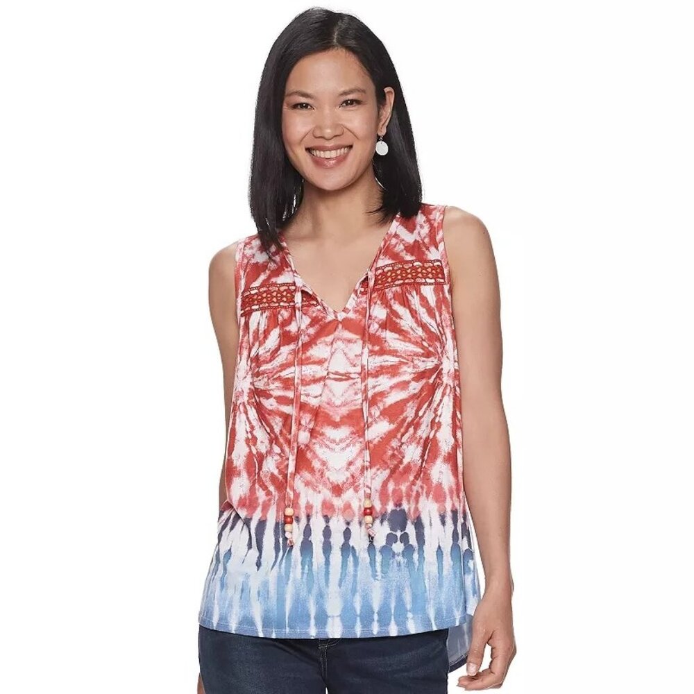 World Unity Tank Top Size Small Tie Dye Sleeveless Tie Neck Red Blue Patriotic